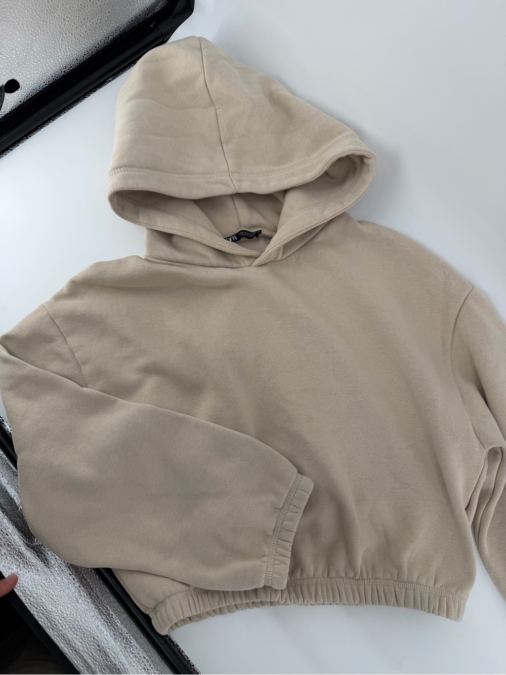 ZARA Beige Cropped Fleece Lined Hoodie Sweatshirt Neutral Tan Women's Size S - Picture 1 of 4